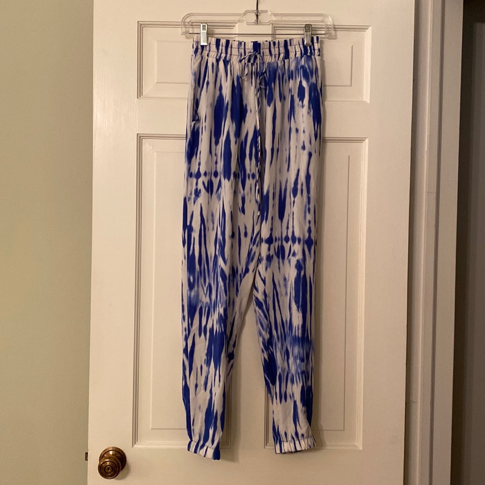 Tyche size S jogger pants. Blue and white tie-dyed. Elastic waist. Side pockets.